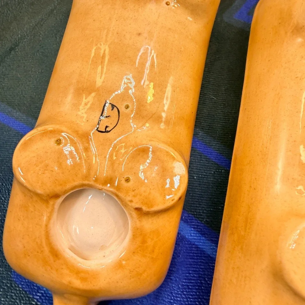 VTG Mid Century Ceramic Dachshund Corn Cob Holders Pair Yellow Wiener Dog Trays